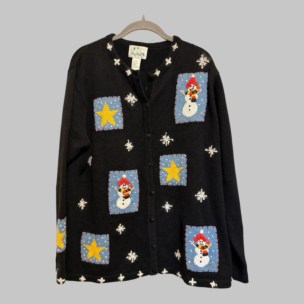 The Quacker Factory Holiday Embroidered Patchwork‎ Button Up Cardigan Sweater L